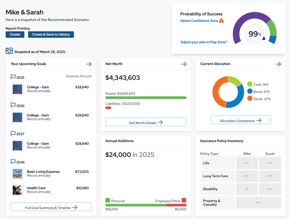 Advisor dashboard with goals list for financial planning for high net worth individuals